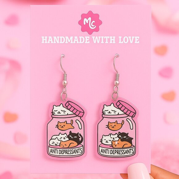 Cute Cat Jar Earrings | Anti Depressants Kitty Statement Jewelry - Picture 1 of 3